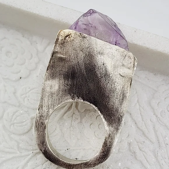 RAW AMETHYST STONE STATEMENT RING HANDMADE IN STERLING SILVER METAL SIZE 9